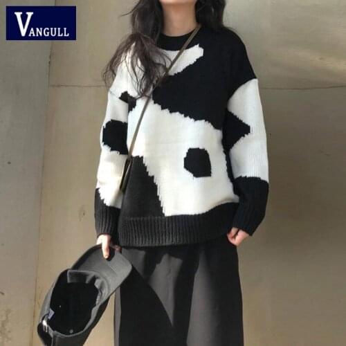 Vangull Black White Print Womens Sweater Autumn O Neck Casual Loose knitted Pullovers Long Sleeve Fashion Ladies Sweater