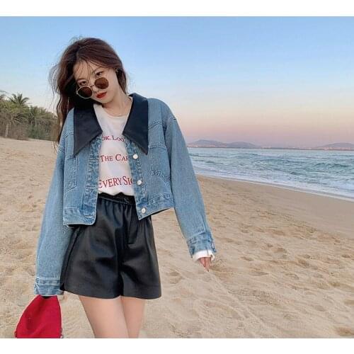 Spring Denim Cropped Jacket Womens Harajuku Patchwork Leather Collar Coat Female Tops 2021 New Korean Loose Short Jeans Outwear