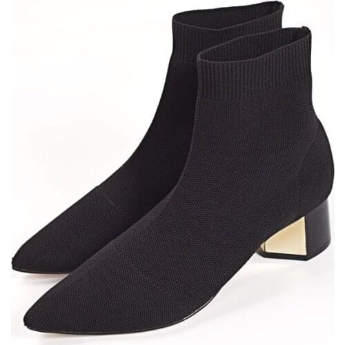 Knitted Elastic Socks Boots Medium Heeled Short Boots Women Point Toe Ankle Boots Female Autumn Sexy Booties 2020