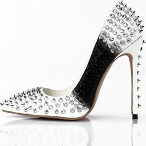 2018 Hot sale women glitter spikes rivets thin high heels black white color patchwork stilettos sexy pointed toe pumps