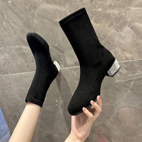 Women Chelsea Ankle Boots Womens Glitter Heels Boots Woman Autumn Winter Pointed Toe Shoes Female Mid Heel Footwear