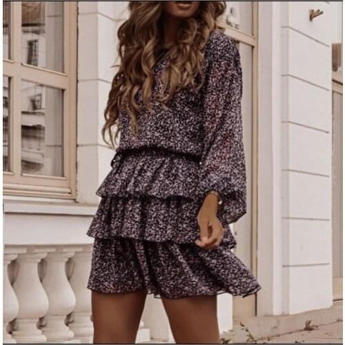 Women Floral Print Dress Elegant Lantern Sleeve Casual Ruffles Dress Fashion Purple Cottagecore Dress Mini Party Vestidos Outfit