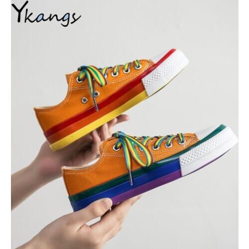 Harajuku Rainbow Canvas Shoes Women Casual Wild Lace-up Low Top Flat Sneakers 2020 Yellow Fashion Student Streetwear Flats White