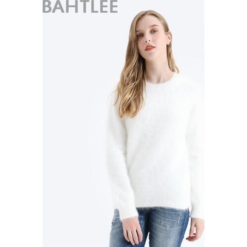 BAHTLEE Women Angora Pullovers Sweater Pure Color Autumn Winter Wool Knitted Jumper Long Sleeves O-Neck Suit Style Basic Style