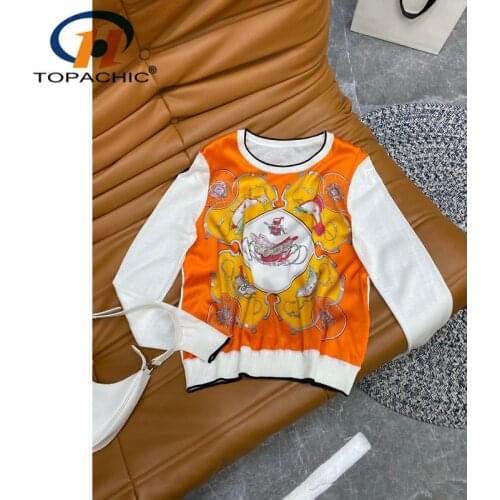 8.24 High End Quality Autumn New Vintage Print Silk Spliced O-Neck Long Sleeve Knit Pullover Female