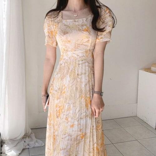 2021 Summer Water-color Printed Korean Chiffon Long Dress Women Short Sleeve Square Collar Pleated Elegant Dresses Femme 15481