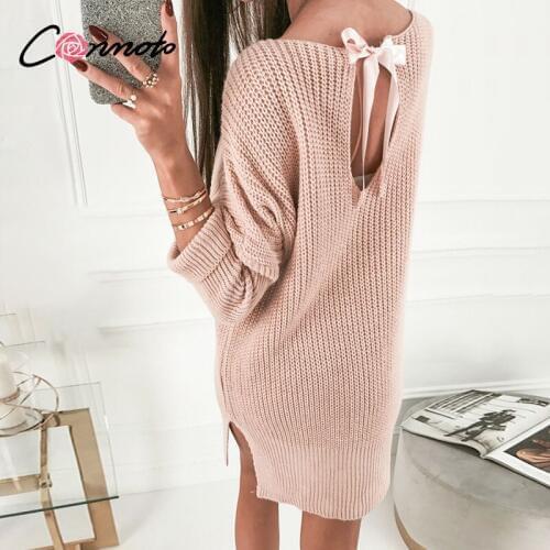 Conmoto bow oversize pink solid backless dress short women knitted dresses winter sweater casual basic knitwear dress vestidos