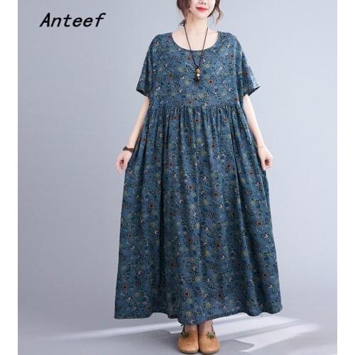 Short sleeve cotton vintage floral dresses for women casual loose long woman summer dress elegant clothes 2021