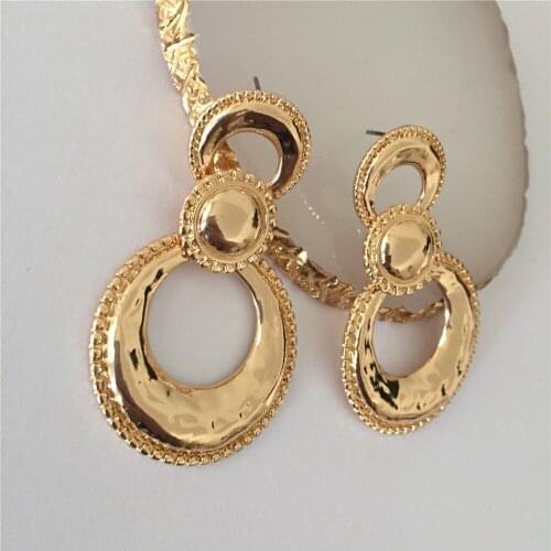 Bohemia Gold Color Plating Round Circle Linked Big Drop Earrings For Women Girl Office Lady Gift Modern Sculpture Accessory