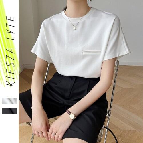 2021 summer new T-shirt women simple pocket loose round collar white fashion all-match short sleeve blouse tees