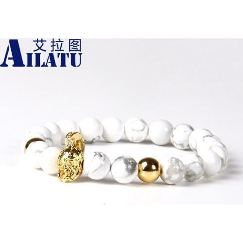 Ailatu Mens Jewelry 10pcs/lot 8mm White Marble Stone New Roman Warrior Helmet Micro Paved CZ Spartan Bracelets