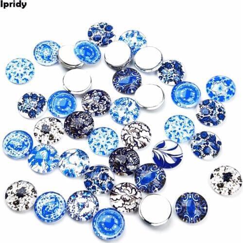 Free Shipping 50pcs/lot Mixed Color,Printed Blue and white Half Round Dome Cabochons for Jewelry Making , 12x4mm