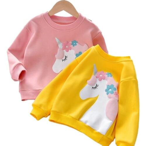 Cheap Spring Autumn Girls Bottoming Shirt Tops New Childrens Unicorn Baby Girl Cotton Full Long Sleeved Kids Tees Girl Clothes