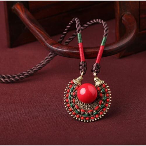 WEIYU Long Maxi Ethnic Necklace for Women Rope Chain Choker Necklace Red Stone Handmade Moon Pendants Necklace Femme Jewelry