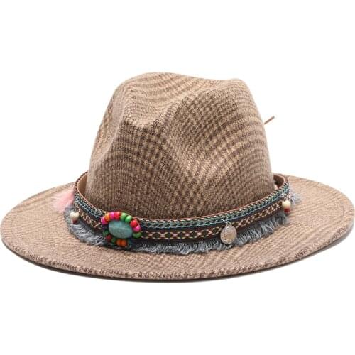 2021 High Quality Fashion Woolen women Felt Jazz Fedora Hats with gem Belt lattice Wide Brim Panama men hot Party wedding Cap