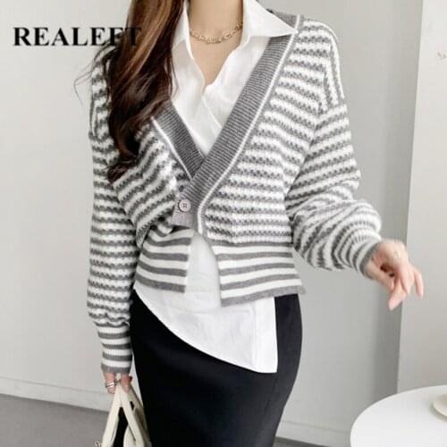 REALEFT Autumn Winter 2021 New Classic Striped Knitting Cardigan Elegant Round Neck Long Sleeve Loose Casual Womens Sweater