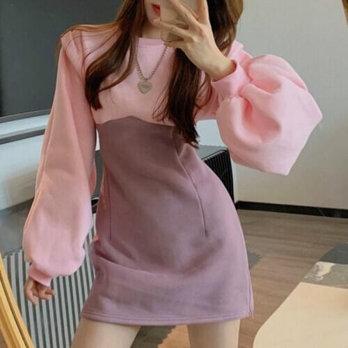 Korea Sweet Girl Vintage Gentle Fairy Preppy Dress Renaissance Splicing Puff Sleeve Buttocks Elegant Offiec Lady Sweaterdress