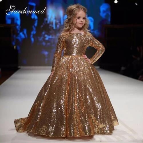 Gold Sequin Lace Flower Girl Dresses Boat Neck Long Sleeves Girls Pageant Dresses A-Line Long Tulle Baby Wedding Party Dress