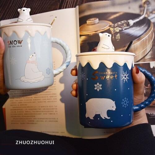 Mug with cover spoon cute creative personality trend couple household ceramic cup girl milk coffee cup coffee mug