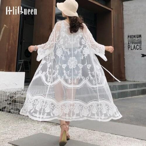 Summer Women Long Lace Beach Coats Female Loose Sexy Perspective Sunscreen Maxi Coat Chamarras Mujer Oversize Cardigan Tops
