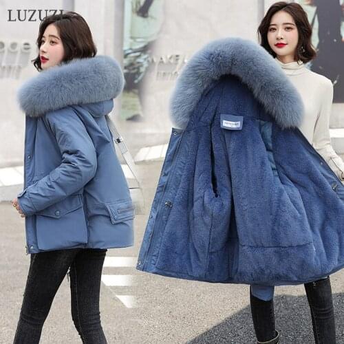LUZUZI 2021 Short Winter Coat Women Hooded Down Parka New Thick Warm Winter Jacket Loose Big Fur Collar Ladies Jackets and Coats