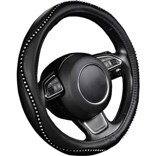 Fashion Steering Wheel Cover Black Lychee Pattern with Luxury Crystal Rhinestone M Size Fits 38cm