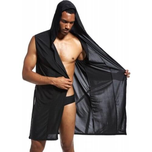 Mens Pajamas Hooded Bathrobe Robe Casual Home Wear Ice Silk Sliding Comfortable Bathrobe (not Include Underwear)