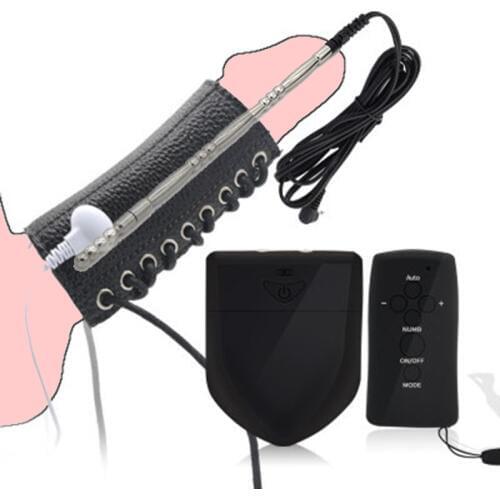 Male Masturbator Electro Shock Sex Penis Ring Electro Stimulation Penis Plug Urethral Sound Catheter Leather Cock Ring Adult Toy