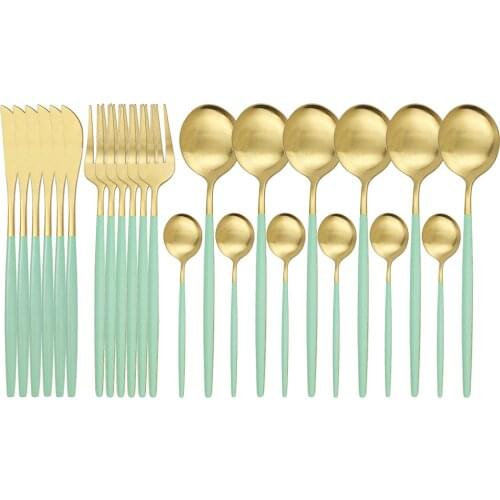 Matte Mint Green Gold Cutlery Set Stainless Steel Dinnerware Set 24Pcs Knife Fork Spoon Tableware Set Kitchen Dinner Silverware