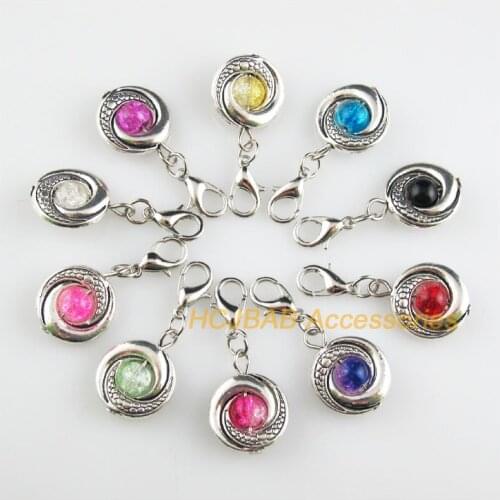 10 New Circle 15x19mm Charms Mixed Shivering Glass Tibetan Silver Plated Retro With Lobster Claw Clasps
