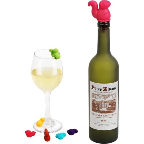 Drink Cup Mixproof Silicone Marker Rubber Wine Glass Label 7 pcs/set Wine Cork Plug Cute Squirrel Shape Wine Bottle Stopper