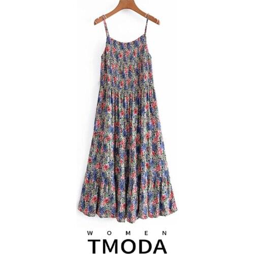 TMODA1859 Za 2021 Womens Summer Fashion Flowers Print Pleated Dress Ladies Camisole Maxi Dresses Female Casual Dress