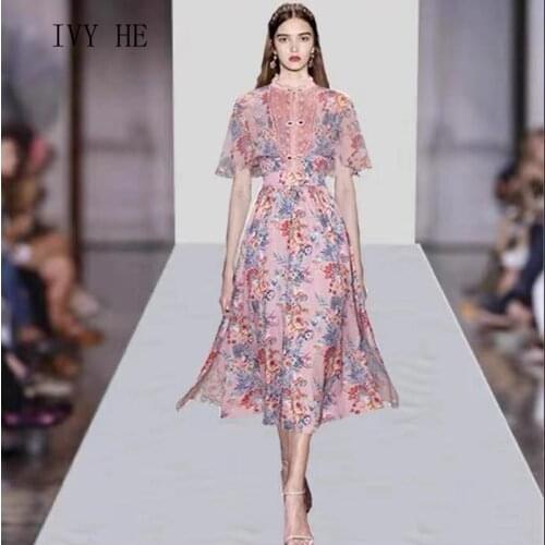 IVY HE High Quality Summer Dress Woman Clothing Fashion Casual Floral Print Chiffon Lace Long Dress Traf Robe ZA Party Dresses