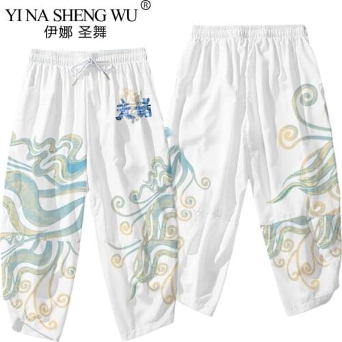 Japanese Style Harajuku Men Trousers Samurai Costume Loose Kimono New Fashion Men Traditional Bloom Pants Haori Cropped Trousers