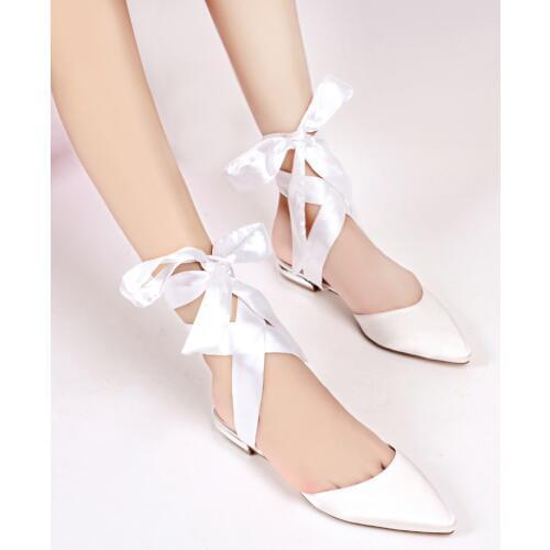 Creativesugar Pointed toe lady satin flats evening dress shoes ribbon tie ankle strap bridal wedding party prom flat women shoes