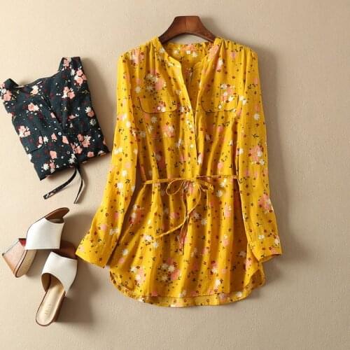 Cotton 100% Long Sleeve Floral Printed Long Blouse Shirt - Ladies Drawstring Pullover Shirt Top