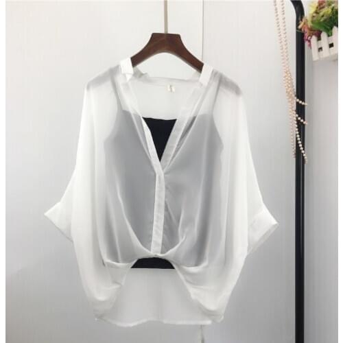Batwing 3/4 Sleeve Chiffon Blouse Women 2021 Summer See Through White Shirt Leopard Cover Up High Low Female Top