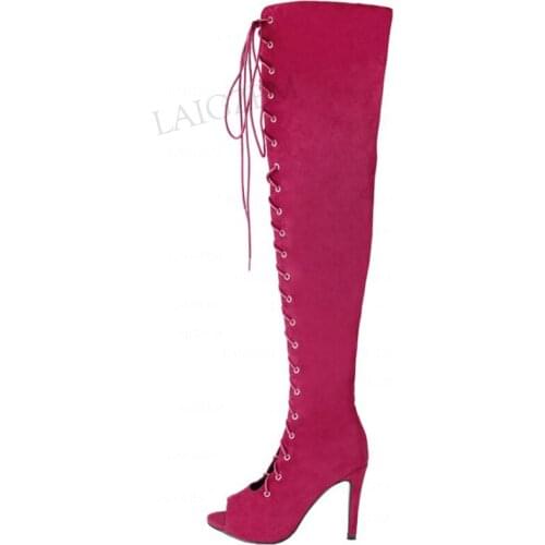 DOHBANER Women Over Knee High Boots Peep Toe Side Zip Faux Suede Stiletto Heels Ladies Female Shoes Woman Big Size 44 47 50 52