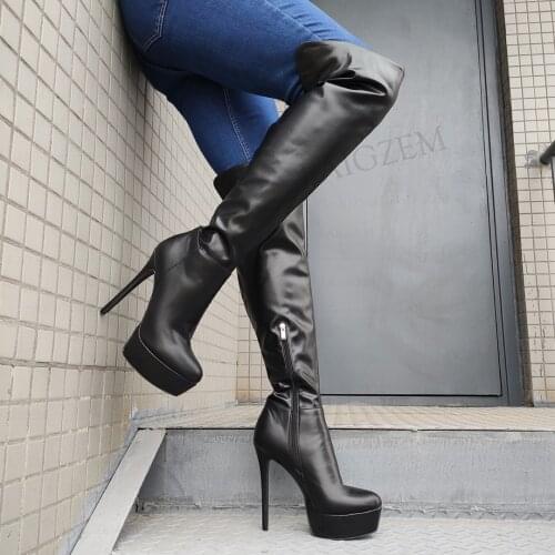 SEIIHEM Women Over Knee High Boots Platform Side Zip Thin High Heels Tall Boots Zapatos Mujer Black Shoes Woman Big Size 42 52