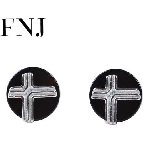FNJ Round Black Agate Cross Earrings 925 Silver Original Pure S925 Sterling Silver Stud Earring Women Jewelry