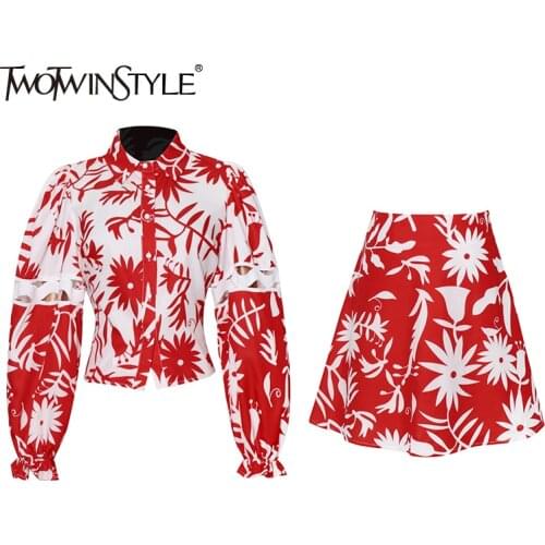 TWOTWINSTYLE Red Two Piece Set For Women Lapel Puff Long Sleeve Coat High Waist Loose Hit Color Skirts Vintage Sets Female 2021