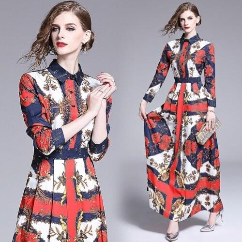 2019 Spring Summer Fall Runway Vintage Floral Print Collar Long Sleeve Empire Waist Women Lady Party Casual A-Line Maxi Dress