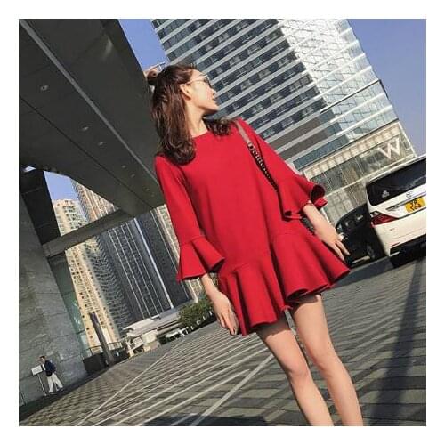 Clobee 2021 Winter Korean Style Women Dress Red Plus Size 3XL 4XL Ladies Dresses Elegant Ruffle Party Femme Vestidos Z575