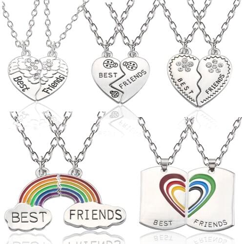 2 pcs/set Carved Mix Rainbow Broken Heart Charm Pendant Necklaces Set BFF Silver Color Geometric Statement Friendship Necklaces