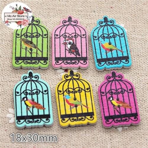 20pcs Mixed Color Birdcage Shape Wooden Decorative Button 2 Holes 30x18mm Fit DIY Scrapbooking Products