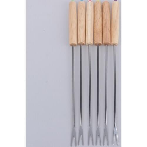 6pcs Stainless Steel + Oak Wood Barbecue Skewers Sticks Stainless Chocolate Cheese Dessert Fondue Pot Forks Kitchen Tableware