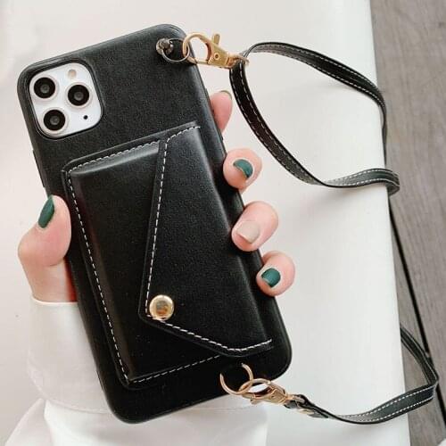 For iPhone 11 12 Pro Max Mini Phone Case Women Shoulder Bag Leather Wallet with Lanyard X XR XS 7 8Plus Cases Protection Cover