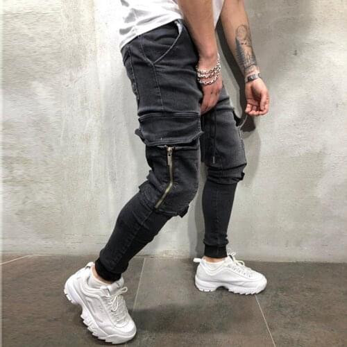 New Mens Jeans Hip Hop Black Moto Skinny Jean Homme Cargo Pants Elastic Denim Pants Male Casual Waistline Jogging Pencil Pants