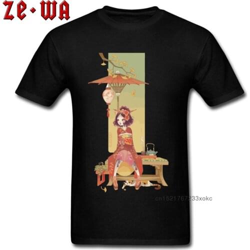 Japan Style T-shirt Men Tshirt Kimono Girl Kawaii Tops Woman Harajuku O Neck Kokeshi Doll Printed Clothes Cotton Black Tees
