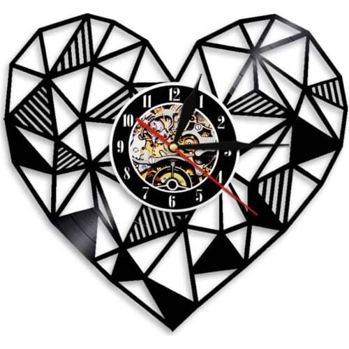 Geometric Heart Art Valentines Day Gift Black Heart Wall Clock Minimalist Bedroom Decor Vinyl Record Wall Art Watch Non-Ticking